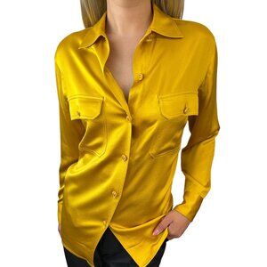 CHANEL Vintage CC Logo Shirt Top Button Up Pocket Yellow Gold Silk [103580]